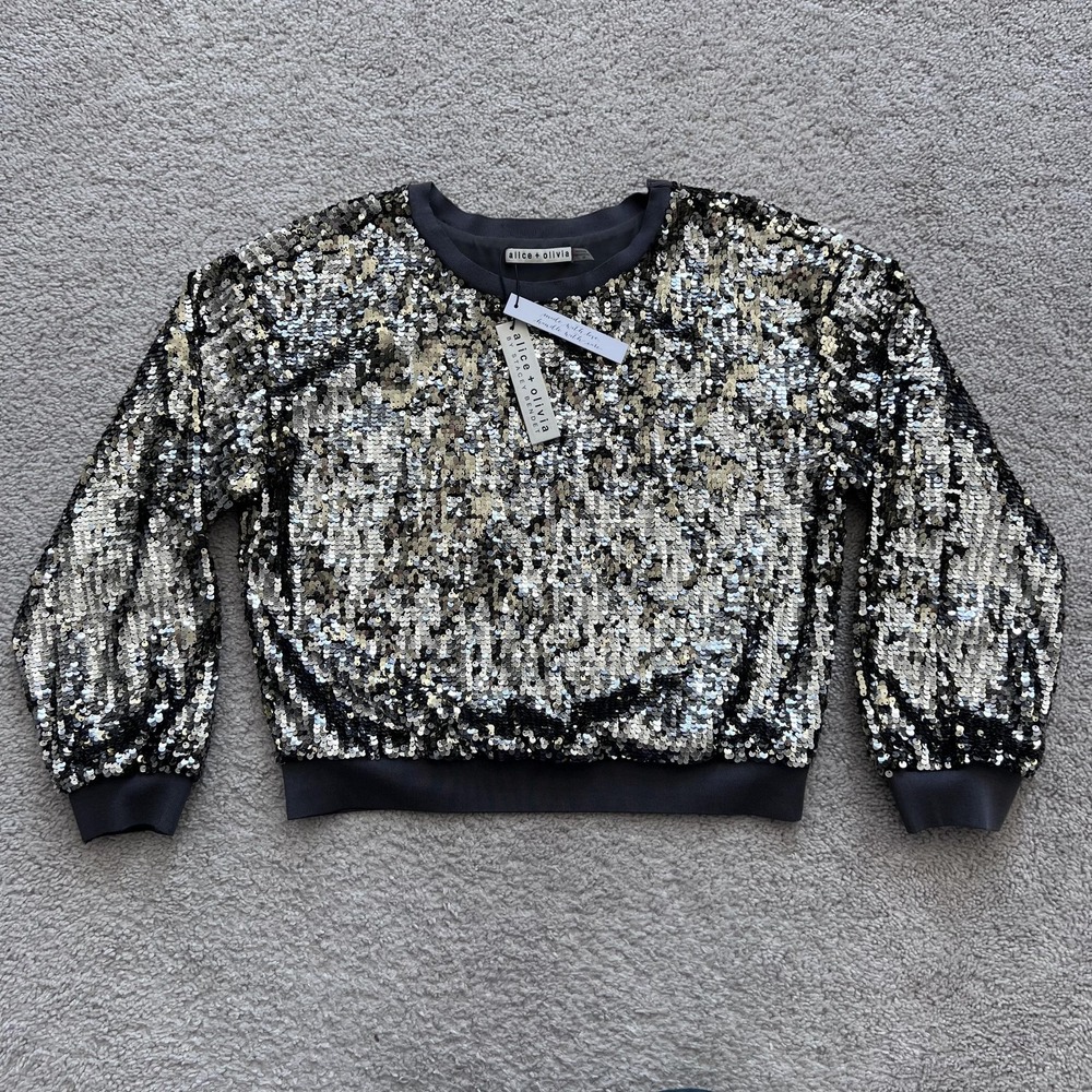 Alice + Olivia Smith Sequined Antique Silver Sweatshirt Womens S Long Sleeve